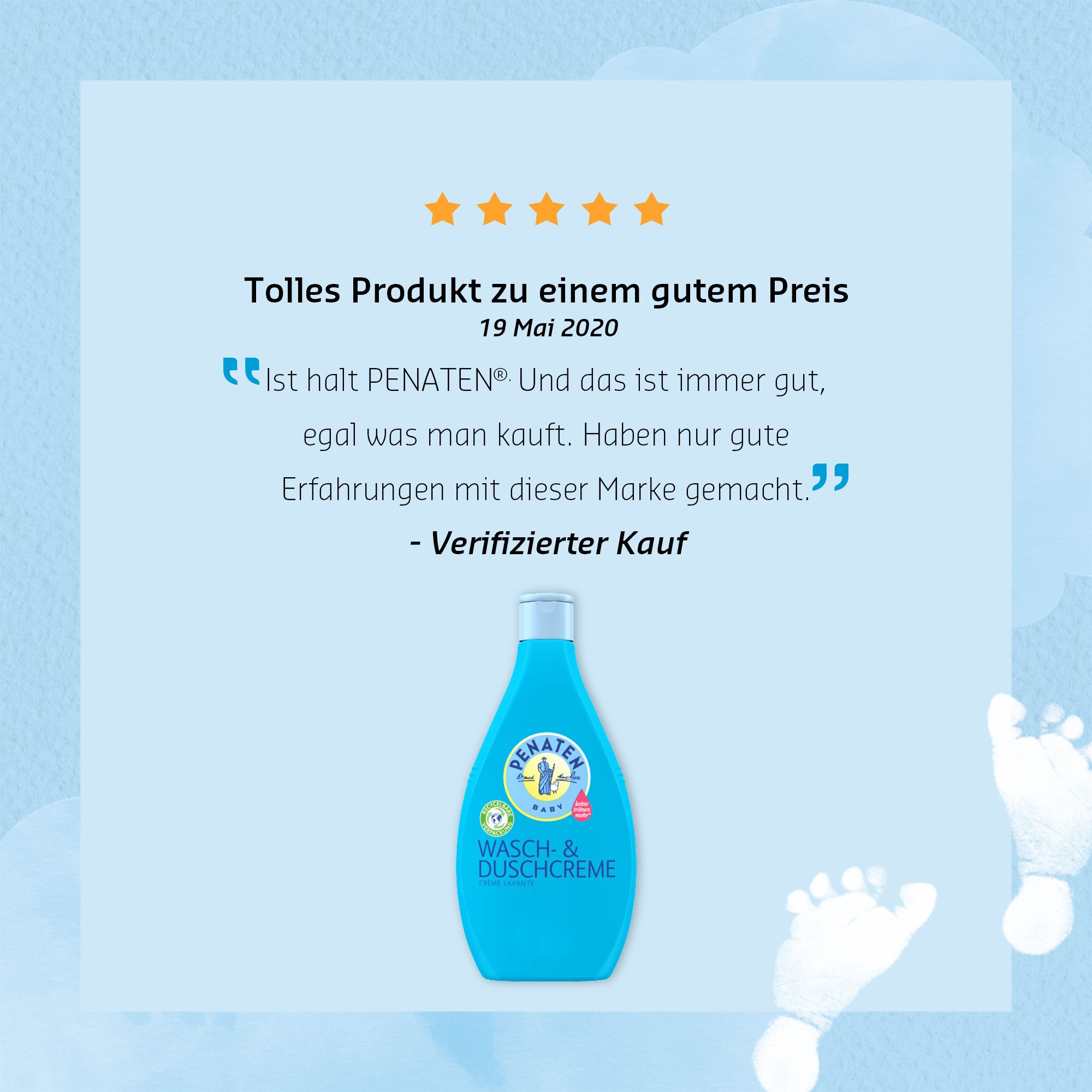 Fond bleu. Texte : Excellent produit à un bon prix. Citation. Flacon PENATEN BABY Crème lavante.