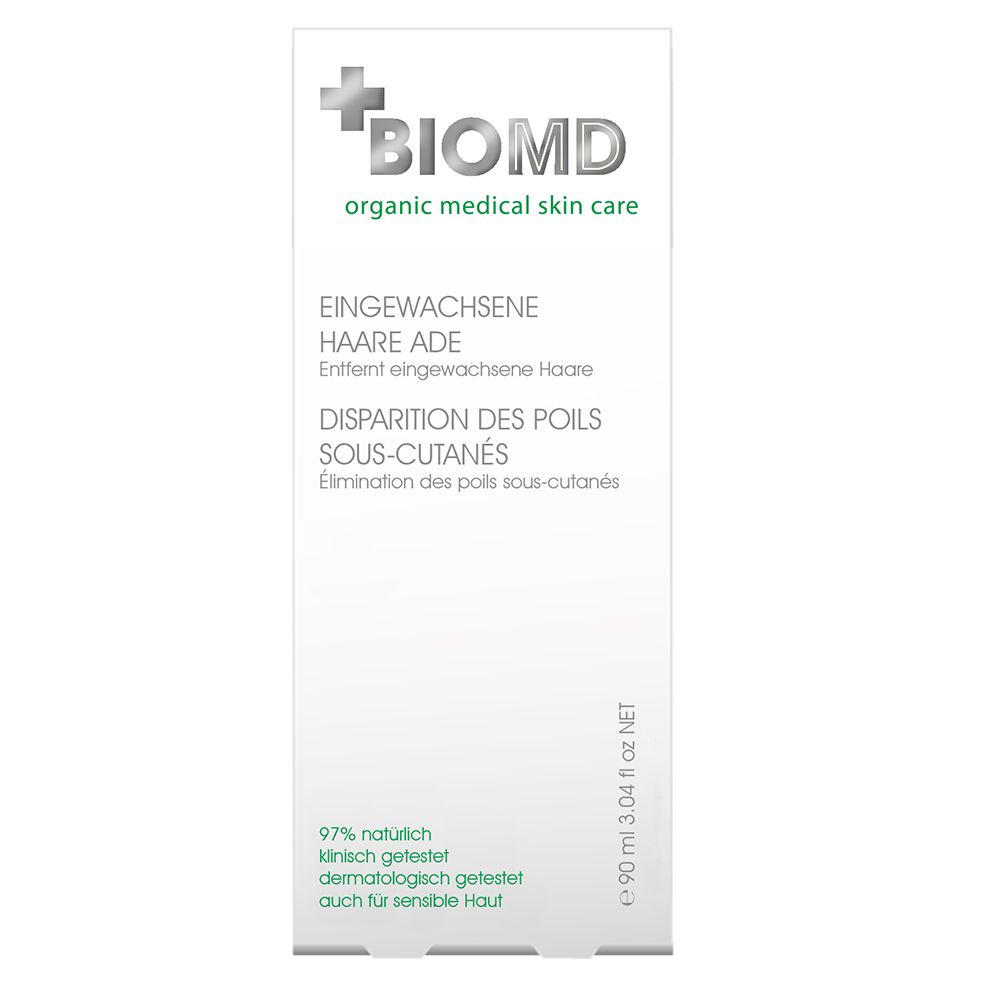 BIOMD-verpakking. Ingegroeide haren. Fles van 90 ml. Tekst: 97% natuurlijk, klinisch getest, dermatologisch getest.