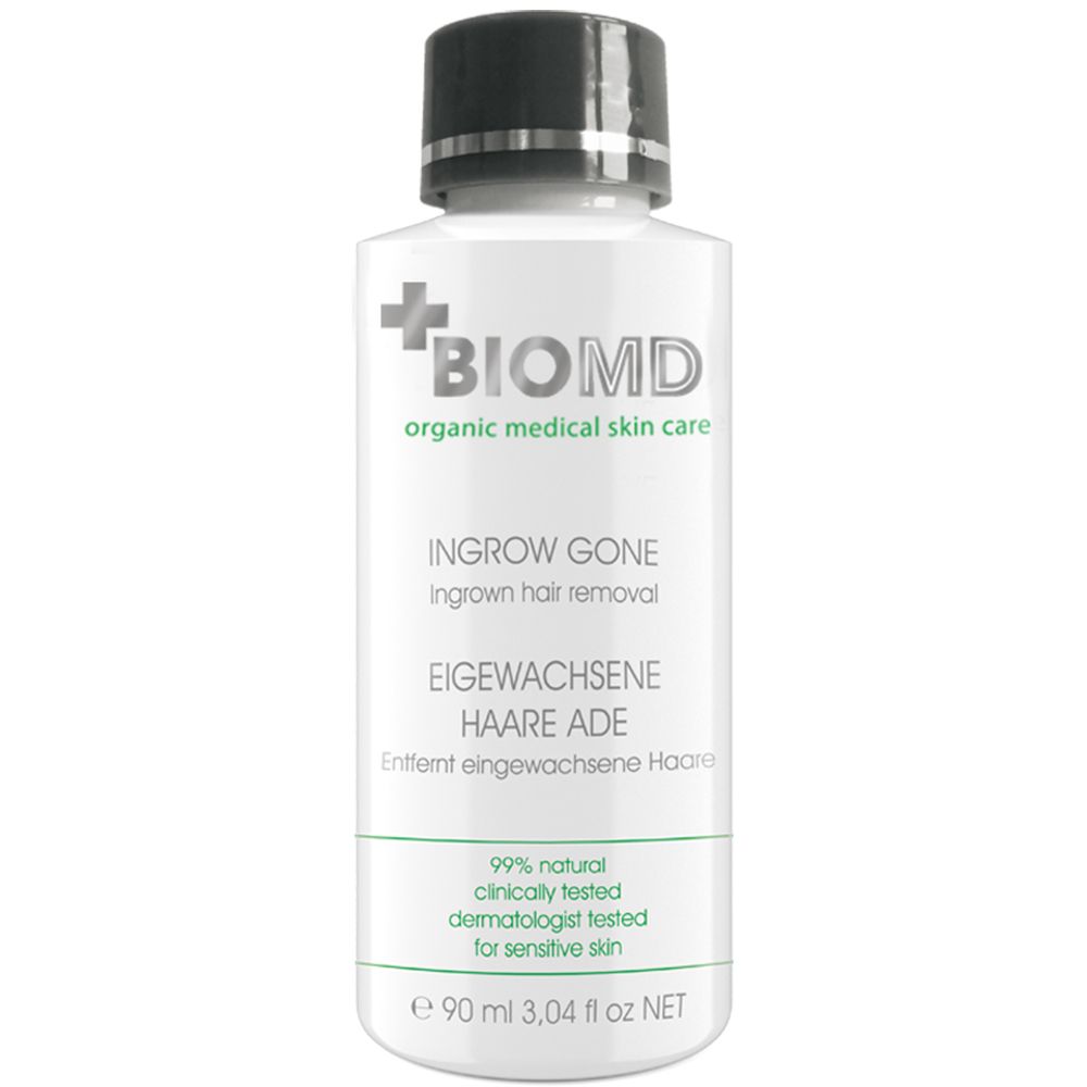 BIOMD-fles. Ingrow Gone. Verwijdert ingegroeide haren. 90 ml. Zwarte dop. Tekst: 99% natuurlijk, klinisch getest, voor gevoelige huid.