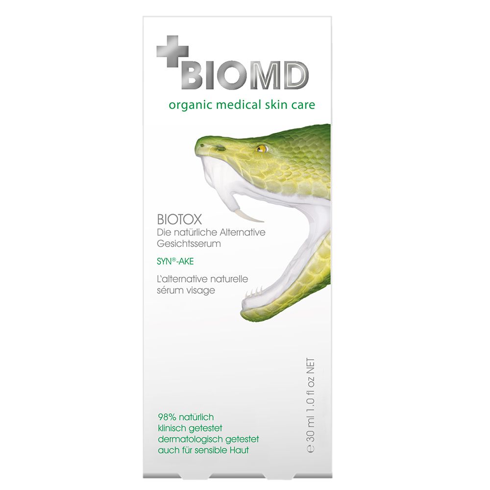 BIOMD BIOTOX verpakking. Wit, met groen logo en tekst. Bevat BIOTOX, een gezichtsserum. 30 ml.