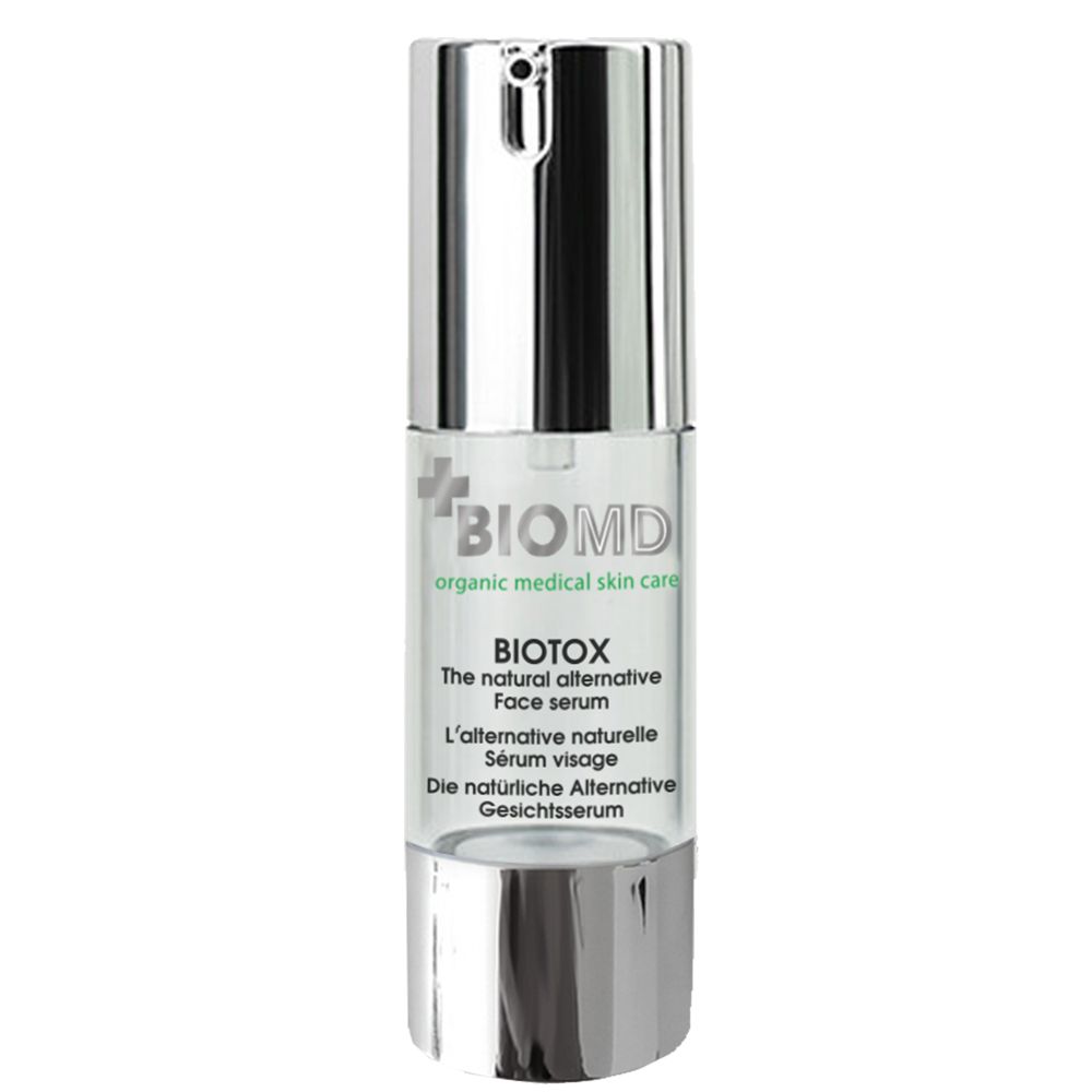 BIOMD BIOTOX fles. Transparant met zilveren dop. Bevat BIOTOX gezichtsserum. Met pompje.
