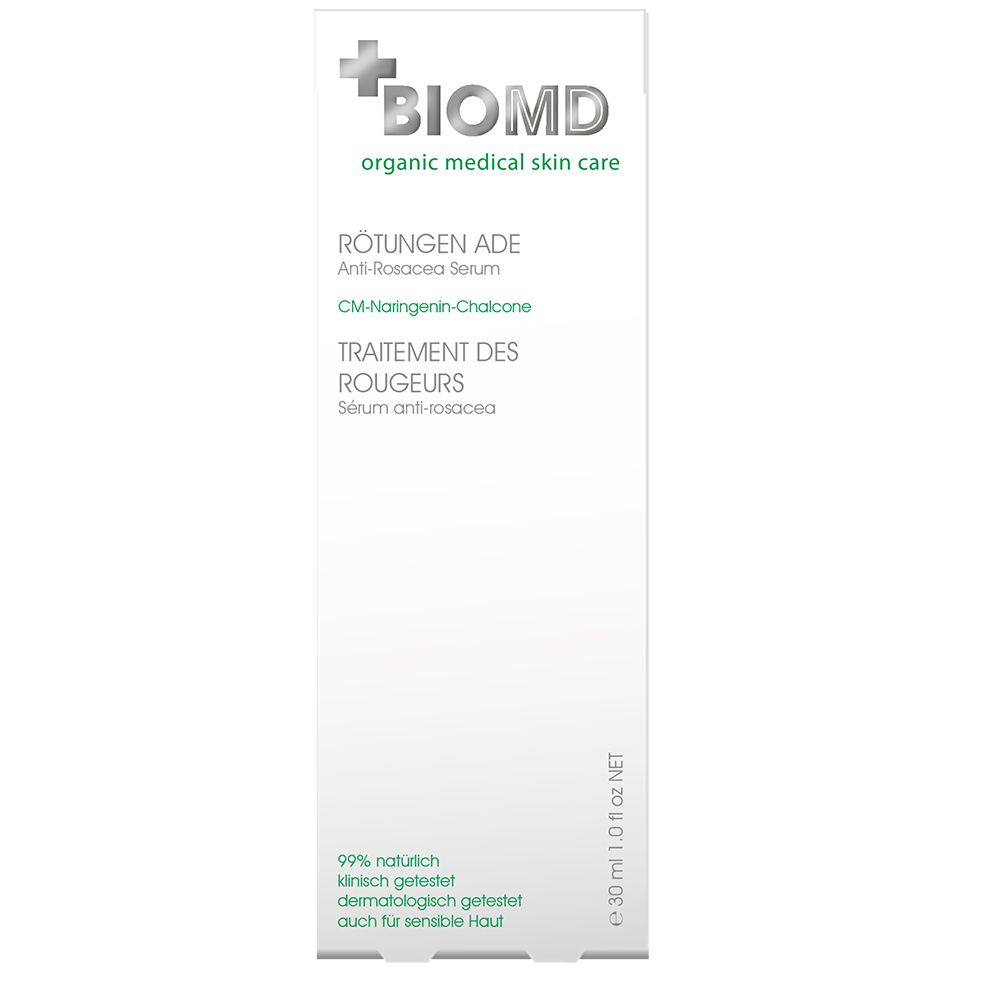 Wit serum met groene tekst. Opschrift: BIOMD, Rötungen Ade, CM-Naringenin-Chalkon. 30 ml.