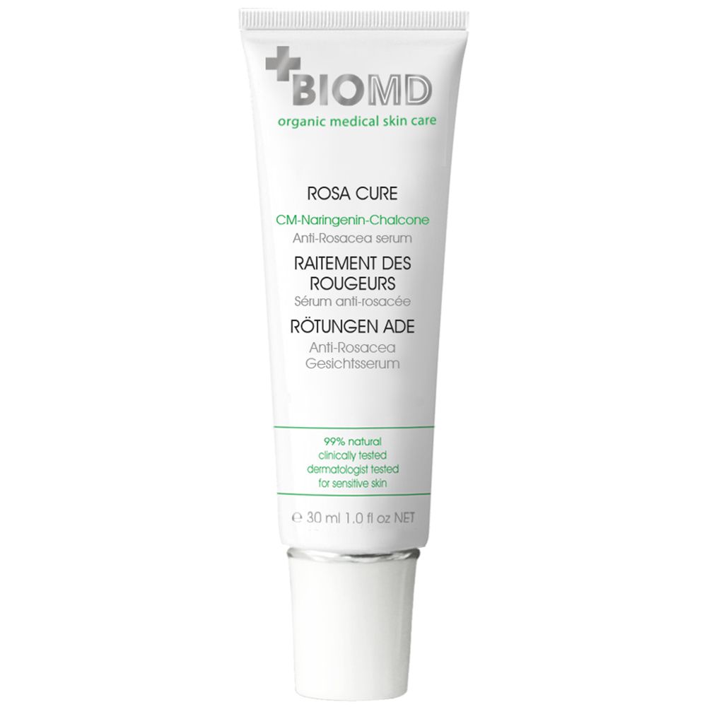 Witte tube met groene tekst. Opschrift: BIOMD, Rosa Cure, CM-Naringenin-Chalkon. 30 ml.