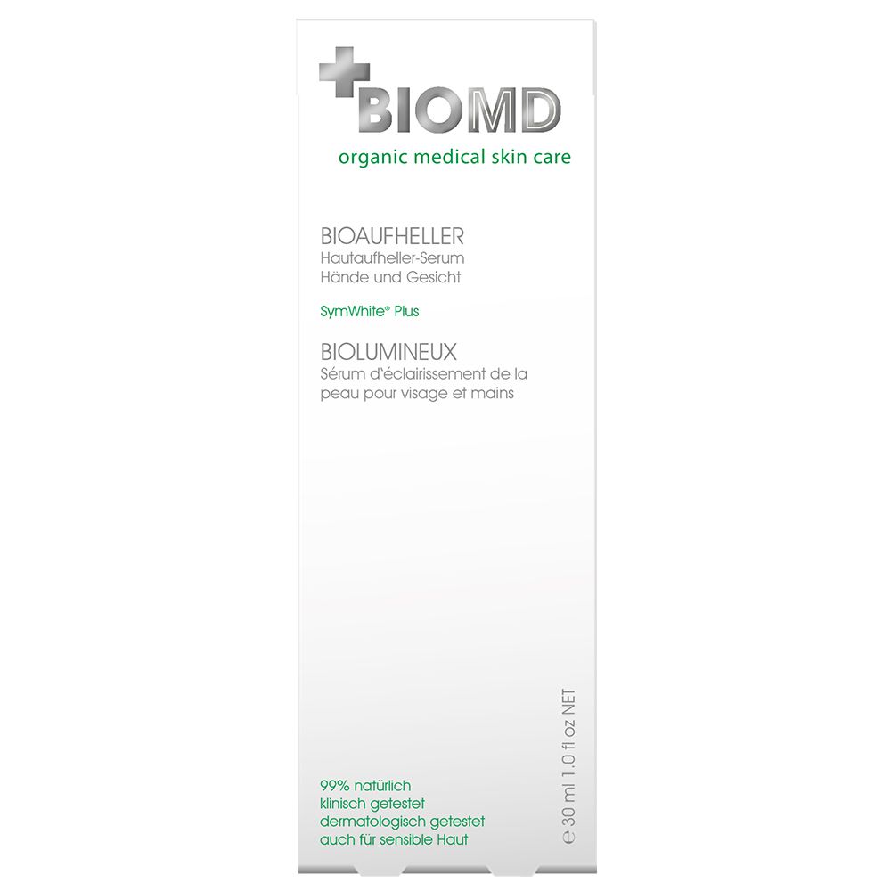 BIOMD Bio-Aufheller. Emballage blanc, accents verts. Texte: Bio-Aufheller, Biolumineux. 30 ml.