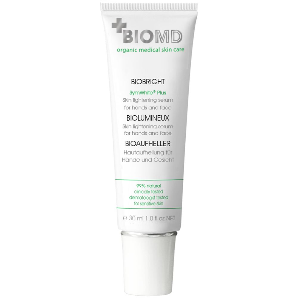 BIOMD Bio-Aufheller. Tube blanc, texte vert. Texte: Biobright, Biolumineux. 30 ml.