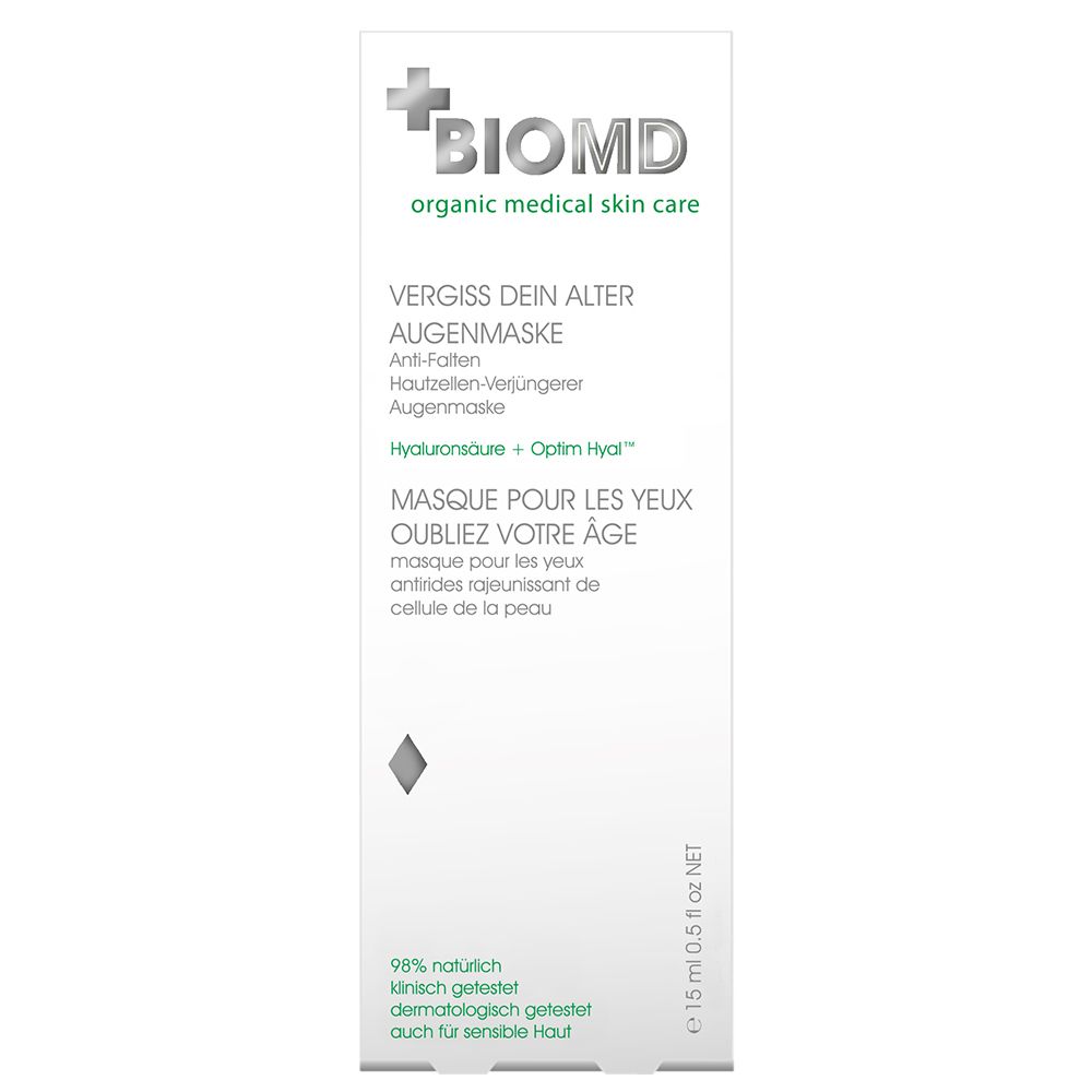 BIOMD oogmasker, witte tube met groene tekst. Bevat hyaluronzuur. 15 ml.