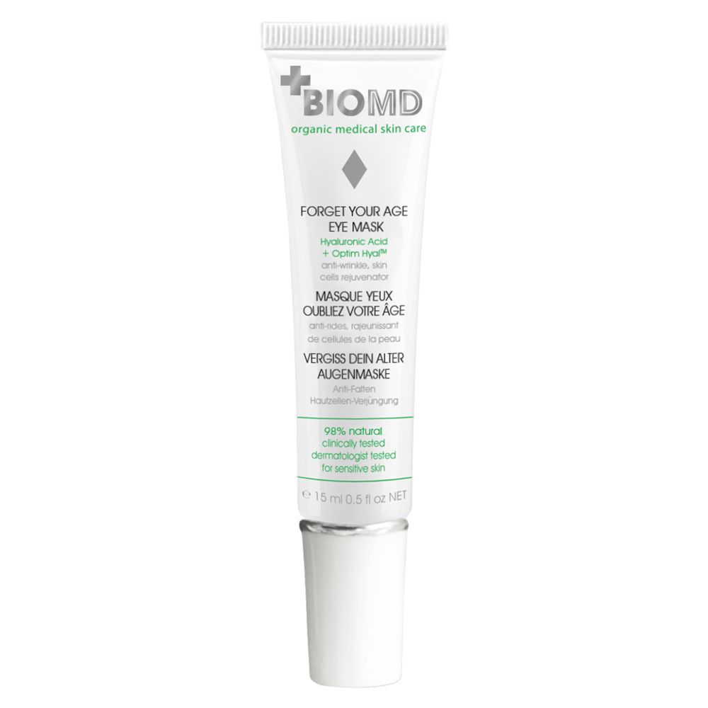 BIOMD oogmasker, tube met zilveren dop. Bevat hyaluronzuur. 15 ml.