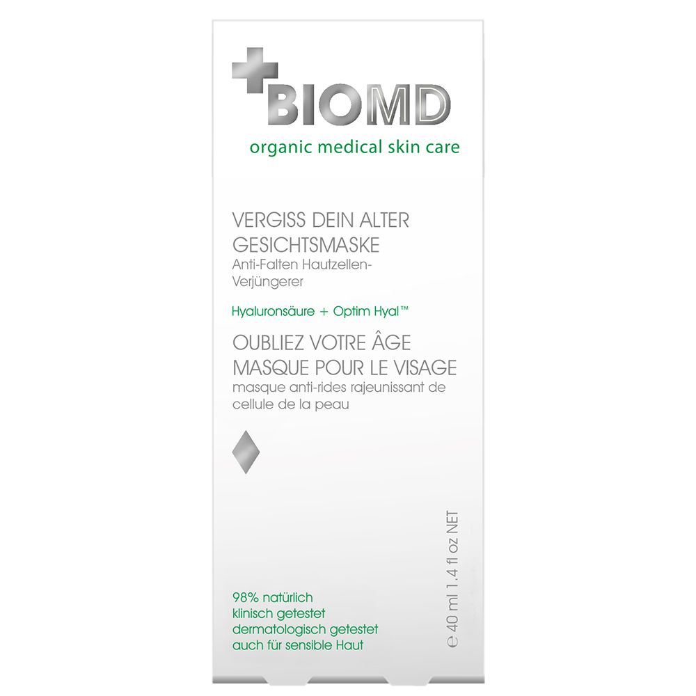 Masque facial BIOMD dans un emballage blanc. Texte: Oubliez votre âge. 98% naturel, testé cliniquement. 40 ml.