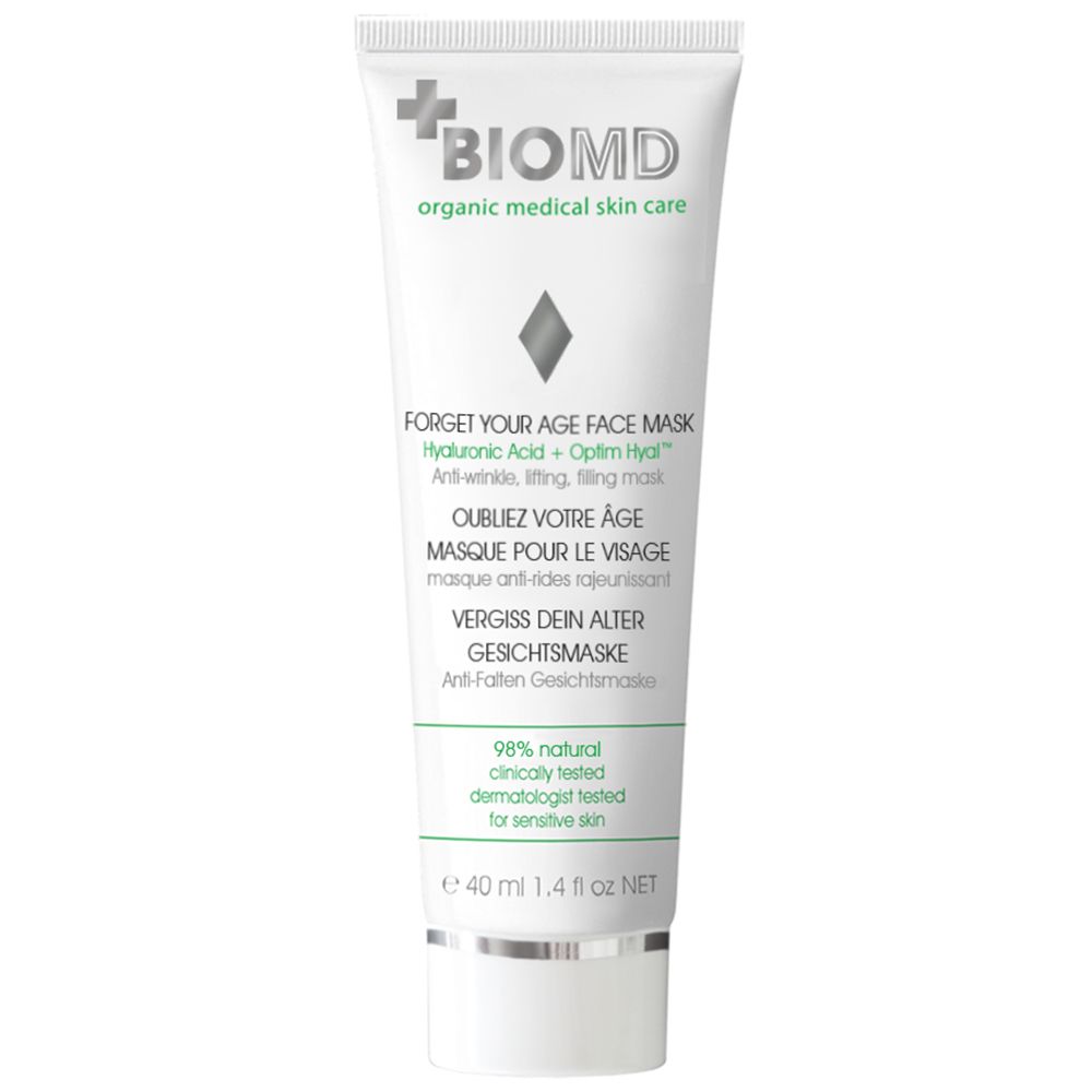 Masque facial BIOMD en tube. Texte: Oubliez votre âge. 98% naturel, testé dermatologiquement. 40 ml.