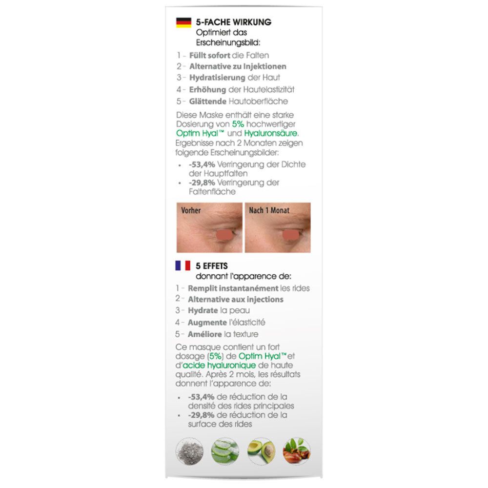 Dos de l'emballage BIOMD. Texte: 5 effets. Contient Optm Hyal et acide hyaluronique. Résultats après 2 mois.