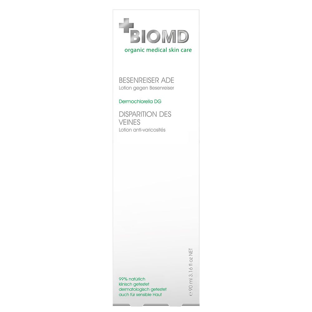 BIOMD Besenreiser Ade lotion. Flacon blanc avec texte vert et blanc. Contient 90 ml.