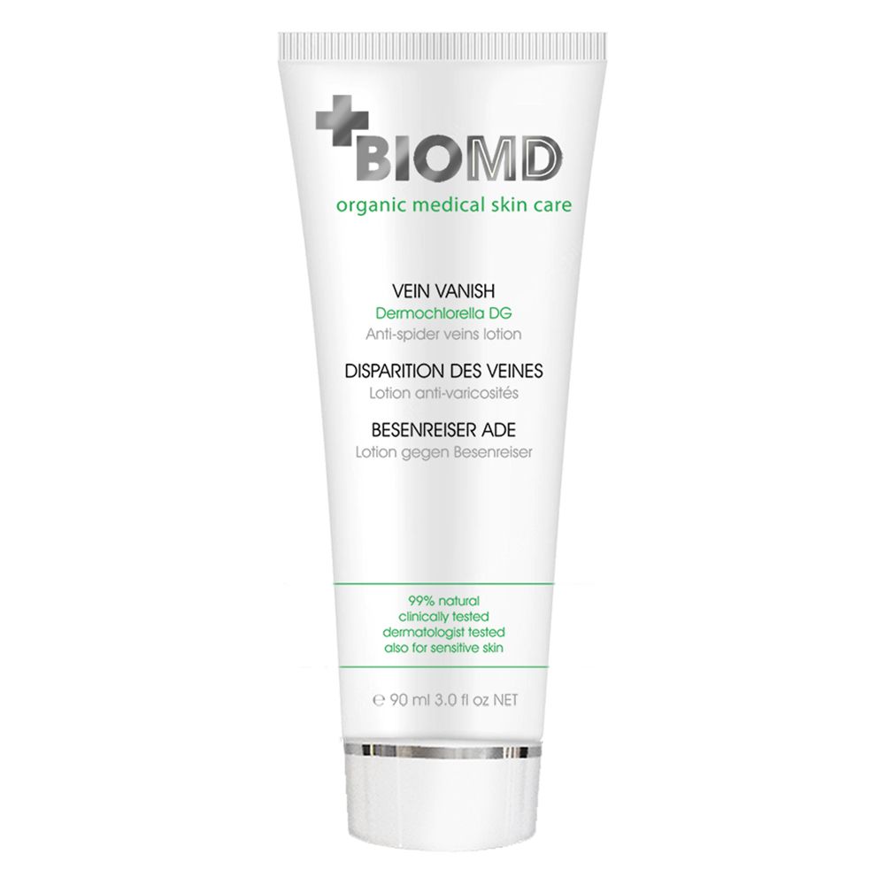 Crème BIOMD Vein Vanish. Tube blanc avec texte vert et blanc. Contient 90 ml.