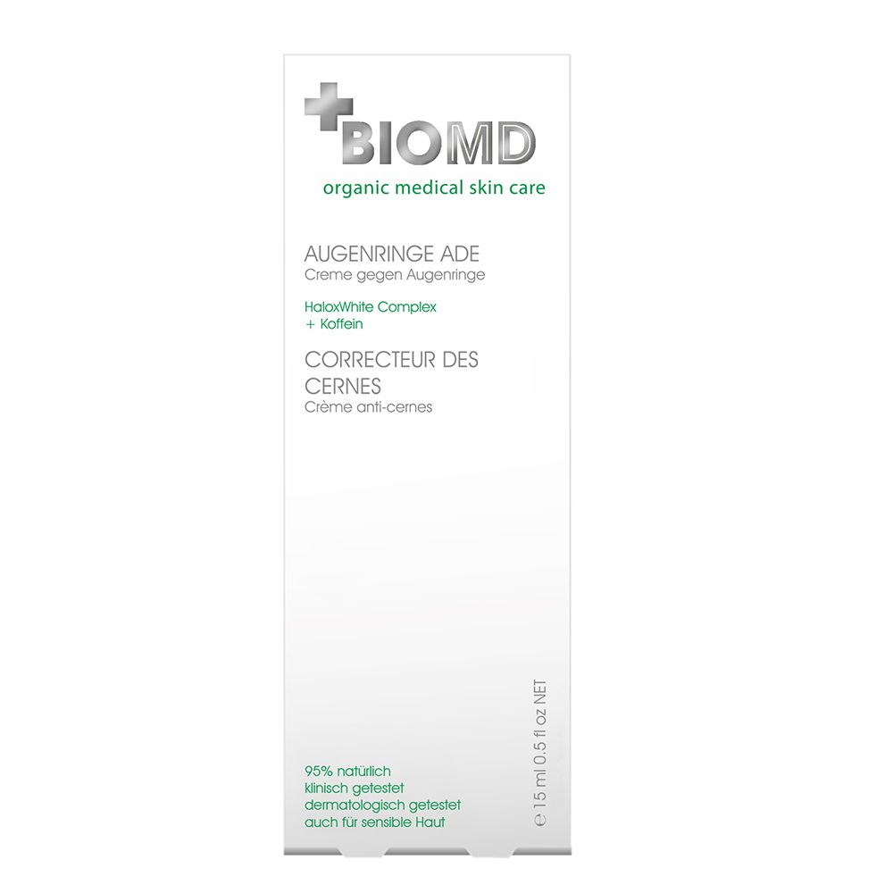 BIOMD Augenringe Ade crème. Witte tube met groene tekst. 15 ml. Tekst: Crème tegen wallen, cafeïne.