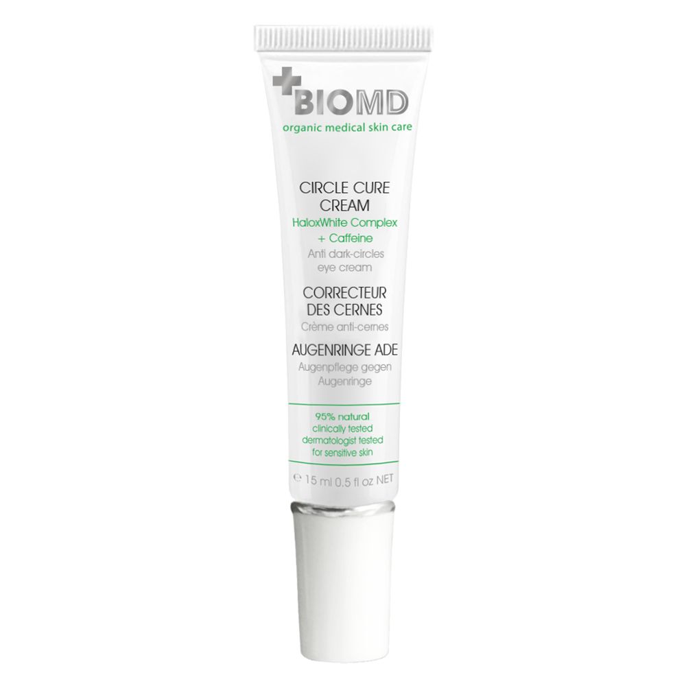 BIOMD Circle Cure Cream tube. Witte tube met groene tekst. 15 ml. Tekst: Anti-donkere kringen crème, cafeïne.