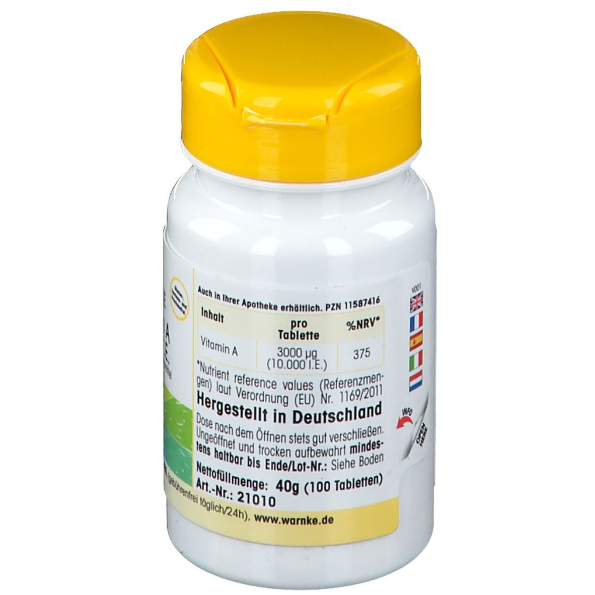 Dos du flacon de comprimés. Autocollant jaune avec informations. Inscription: Vitamin A, 3000 µg (10.000 I.E.). Fabriqué en Allemagne.