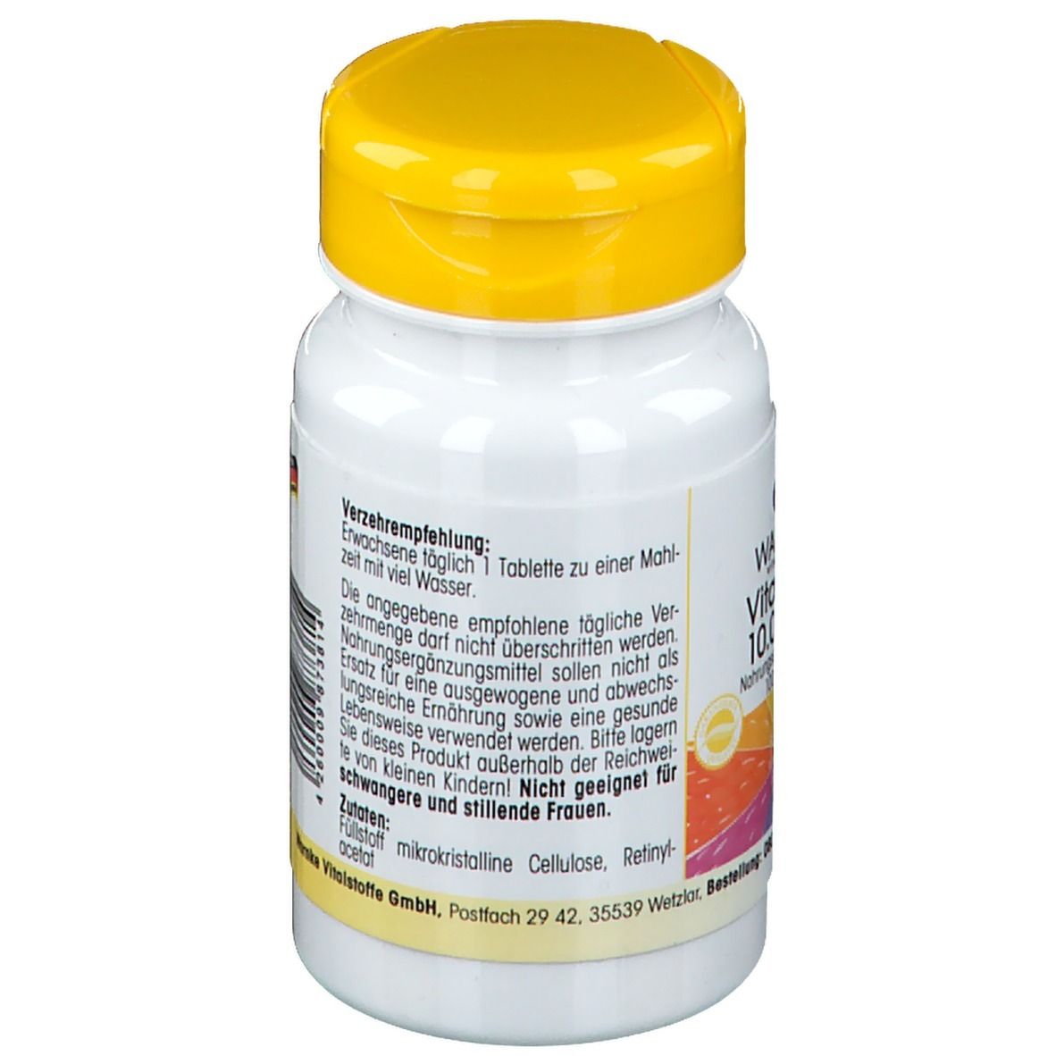 Dos du flacon de comprimés. Texte en plusieurs langues. Code-barres et avertissements. Fabriqué en Allemagne.