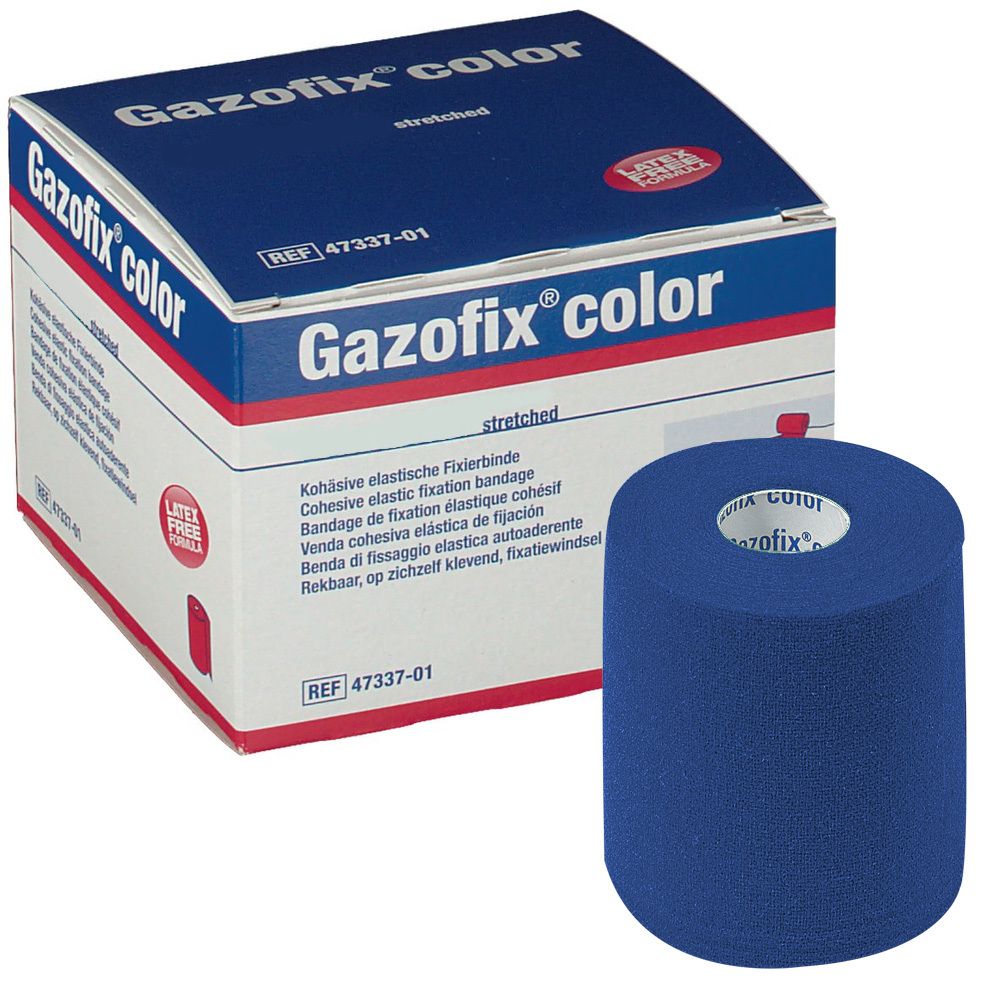 Rouleau de bandage Gazofix® bleu et emballage. Inscription : Gazofix® color, 8 cm x 20 m. Sans latex.