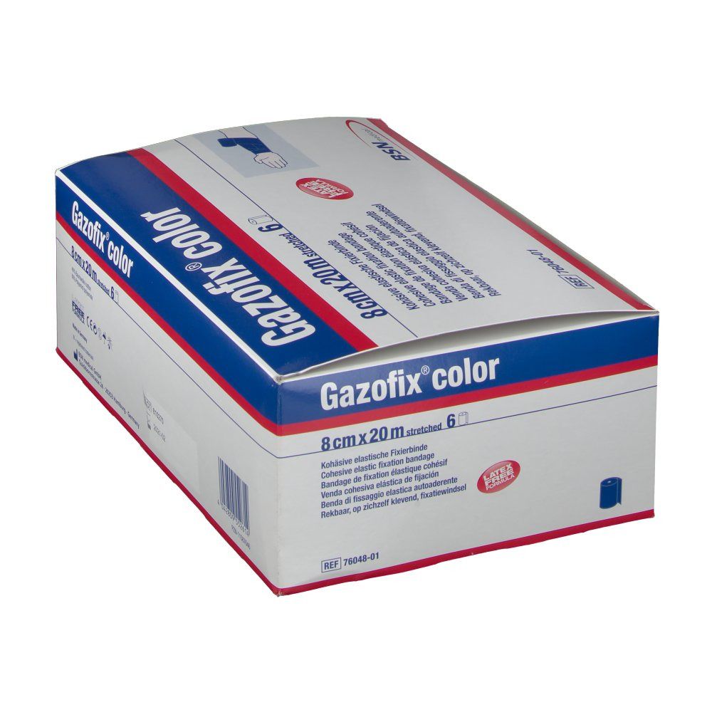 Emballage Gazofix® color en biais. Inscription : 8 cm x 20 m, bleu. Logo BSN medical. Nom du produit et indications de taille.
