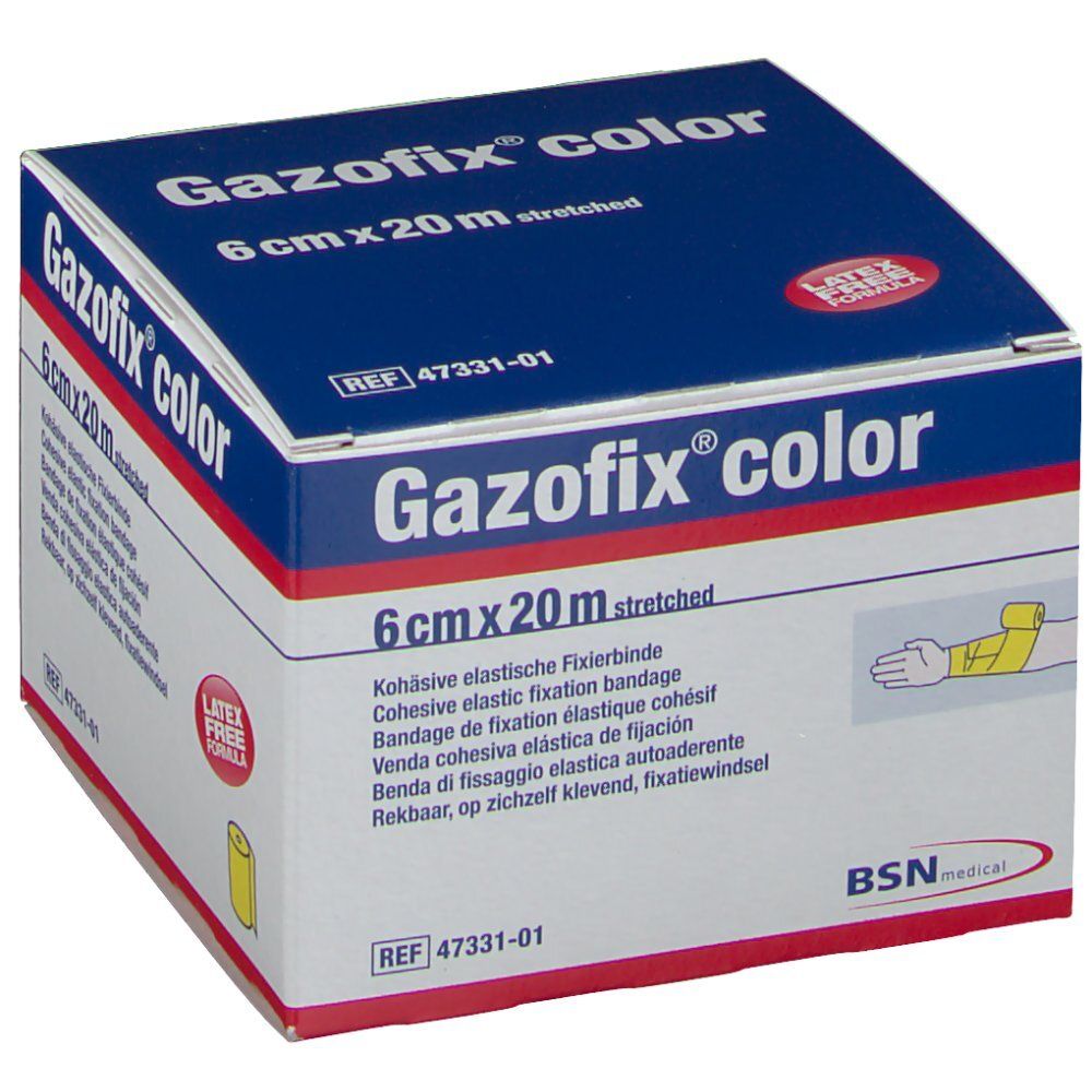 Verpakking van Gazofix® color, 6 cm x 20 m, geel. Opschrift: Cohesieve elastische fixatiezwachtel. Latex vrij.