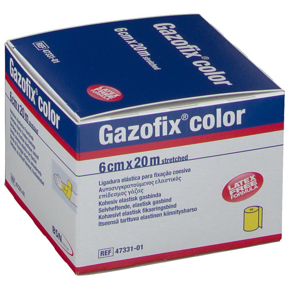 Verpakking van Gazofix® color, 6 cm x 20 m, geel. Opschrift: Cohesieve elastische fixatiezwachtel. Latex vrij.