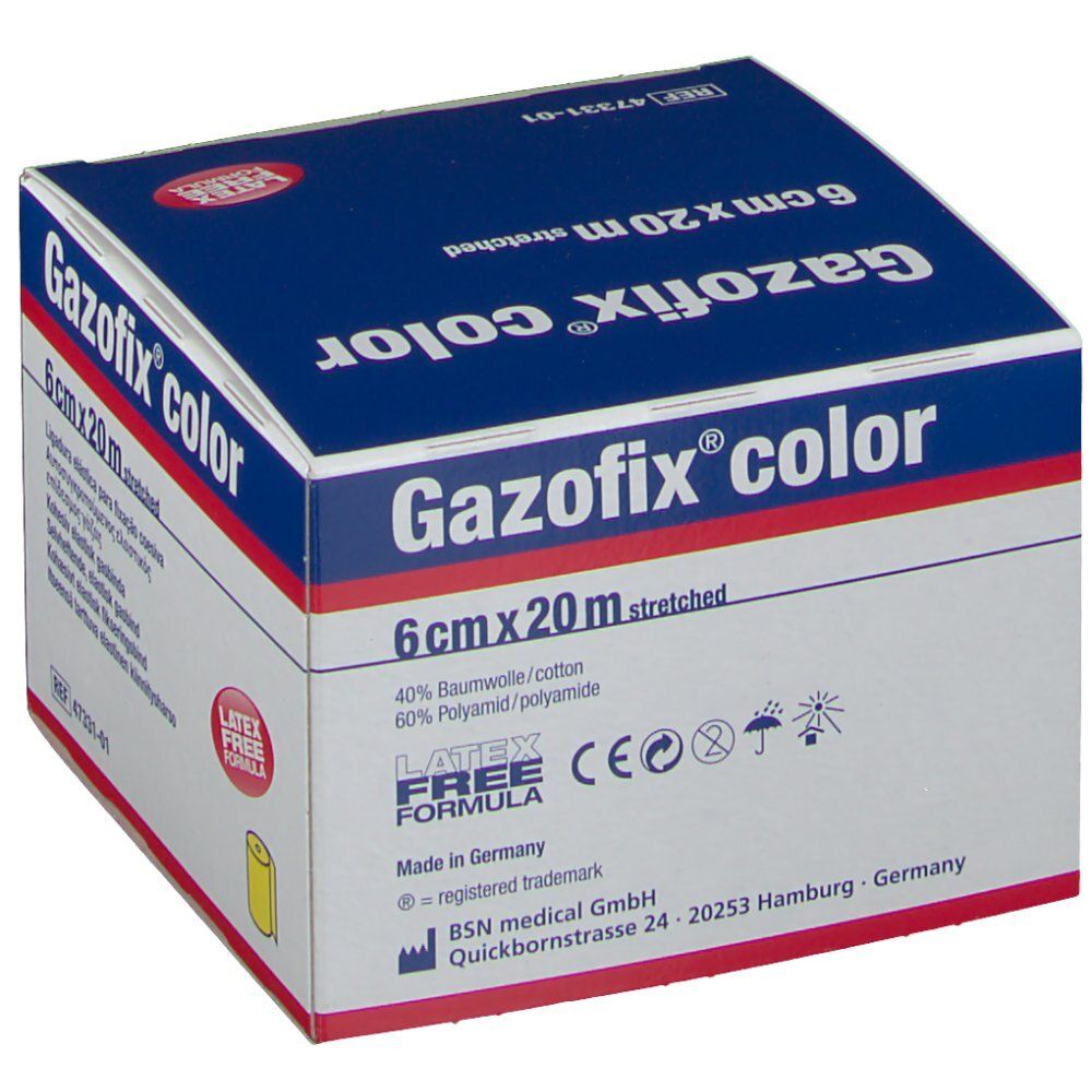 Verpakking van Gazofix® color, 6 cm x 20 m, geel. Opschrift: Cohesieve elastische fixatiezwachtel. Latex vrij. CE-markering.