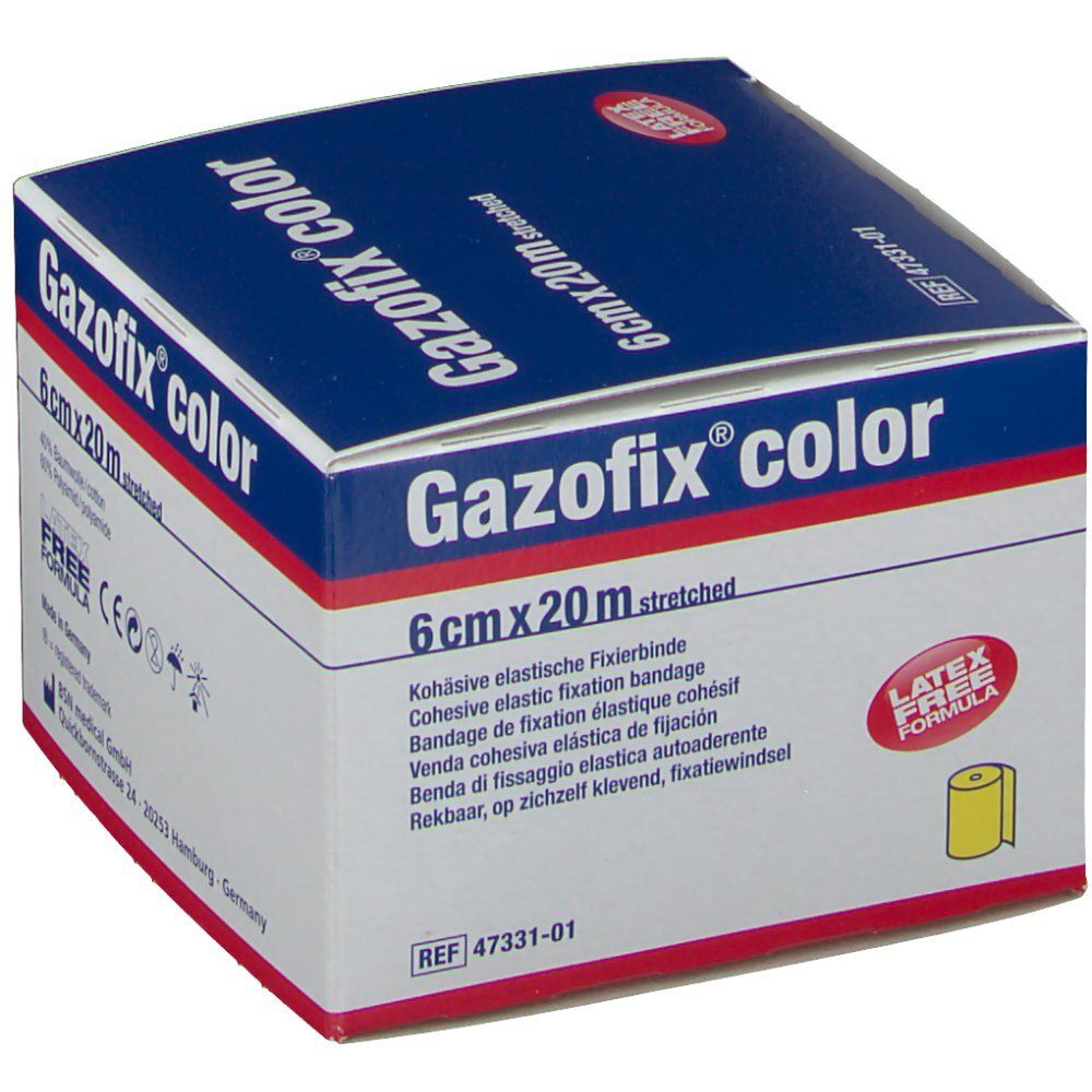 Verpakking van Gazofix® color, 6 cm x 20 m, geel. Opschrift: Cohesieve elastische fixatiezwachtel. Latex vrij. CE-markering.