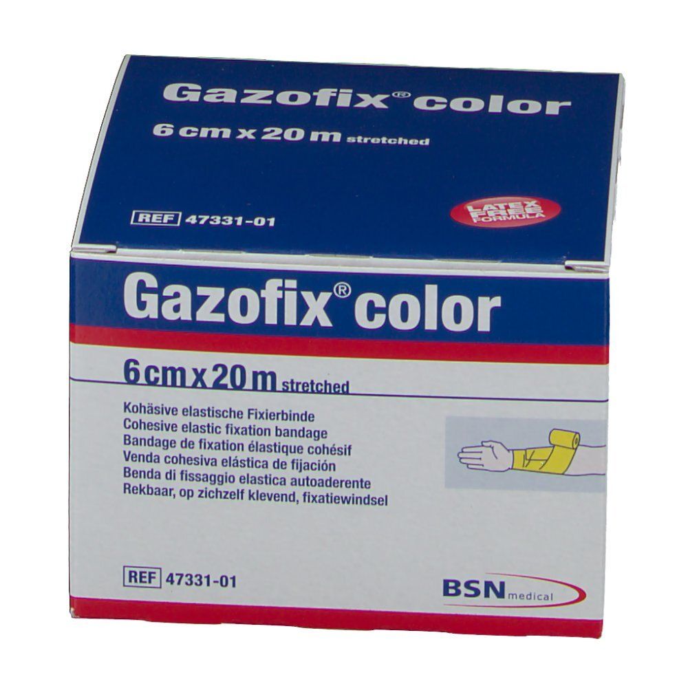 Verpakking van Gazofix® color, 6 cm x 20 m, geel. Opschrift: Cohesieve elastische fixatiezwachtel. Latex vrij.