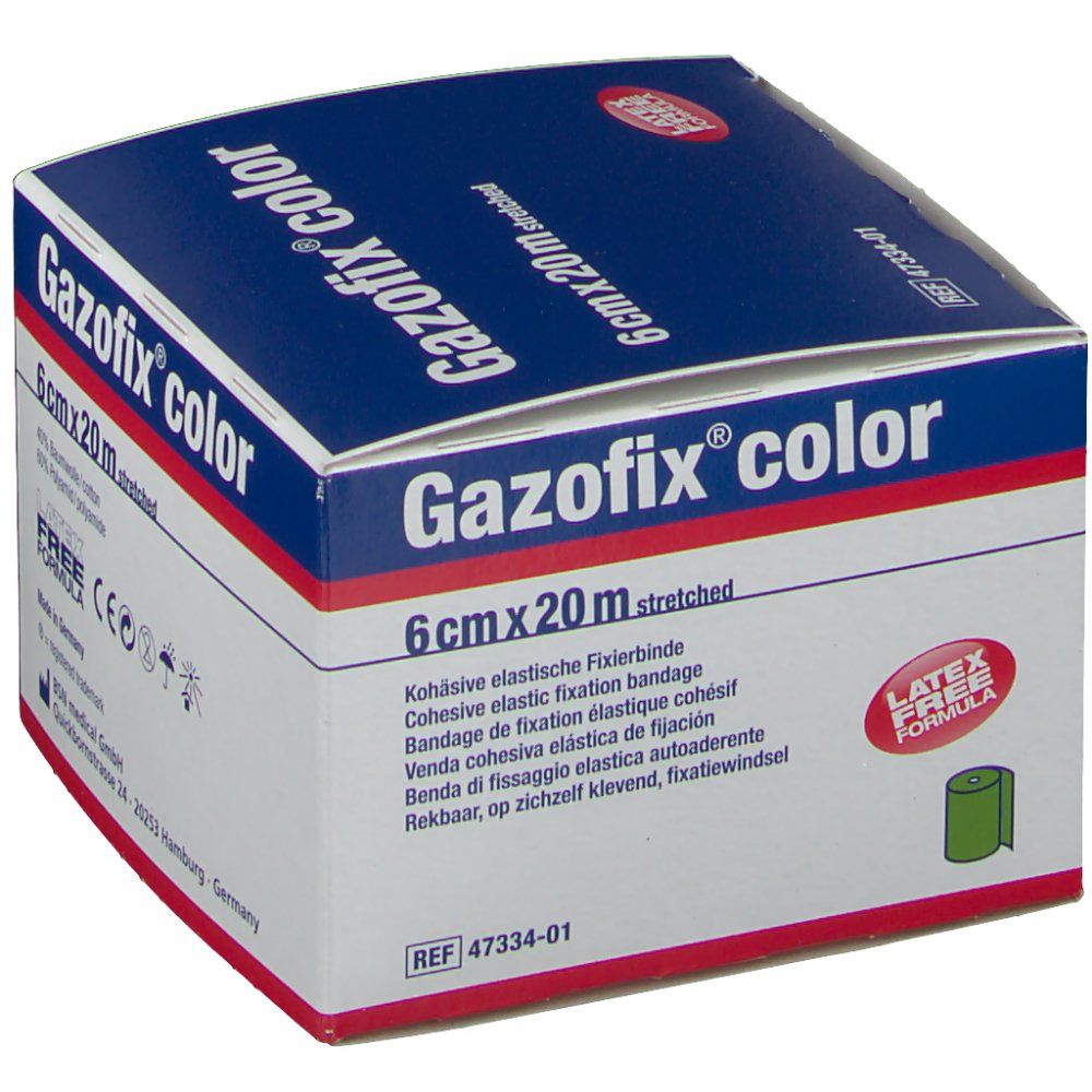 Emballage de Gazofix® color, 6 cm x 20 m. Inscription : Latex Free Formula. Bande de fixation élastique cohésive. Marquage CE.