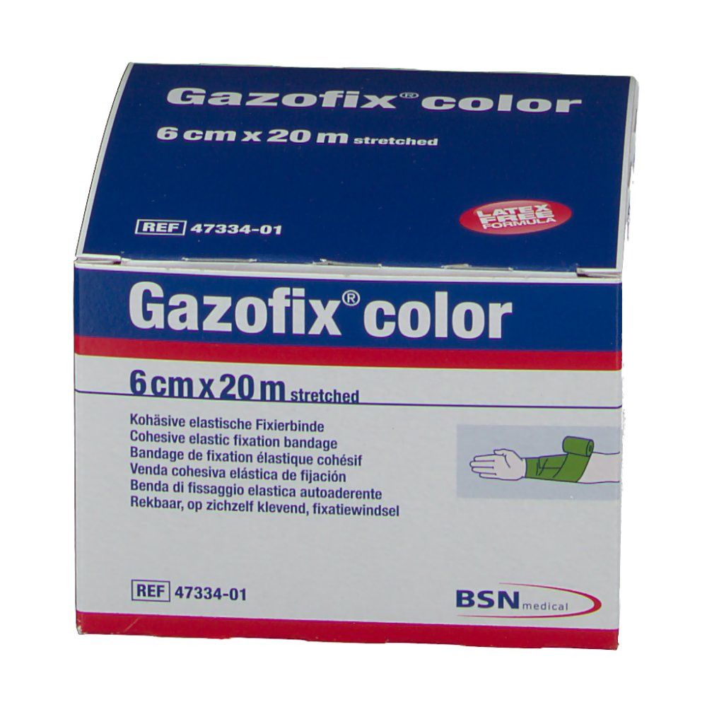 Emballage de Gazofix® color, 6 cm x 20 m. Inscription : Latex Free Formula. Bande de fixation élastique cohésive. Illustration d'une application.