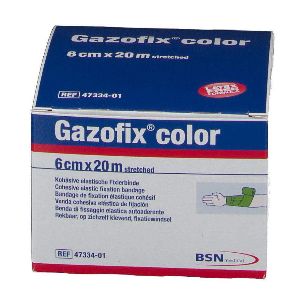 Emballage de Gazofix® color, 6 cm x 20 m. Inscription : Latex Free Formula. Bande de fixation élastique cohésive. Illustration d'une application.