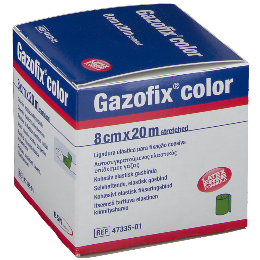 Emballage de Gazofix® color, 8 cm x 20 m, vert. Inscription : Bande de fixation élastique cohésif. Sans latex.