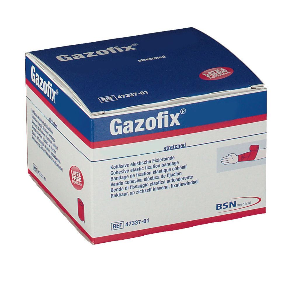 Verpakking van Gazofix® fixatiewindsel. Witte doos met blauwe tekst. Latexvrij.