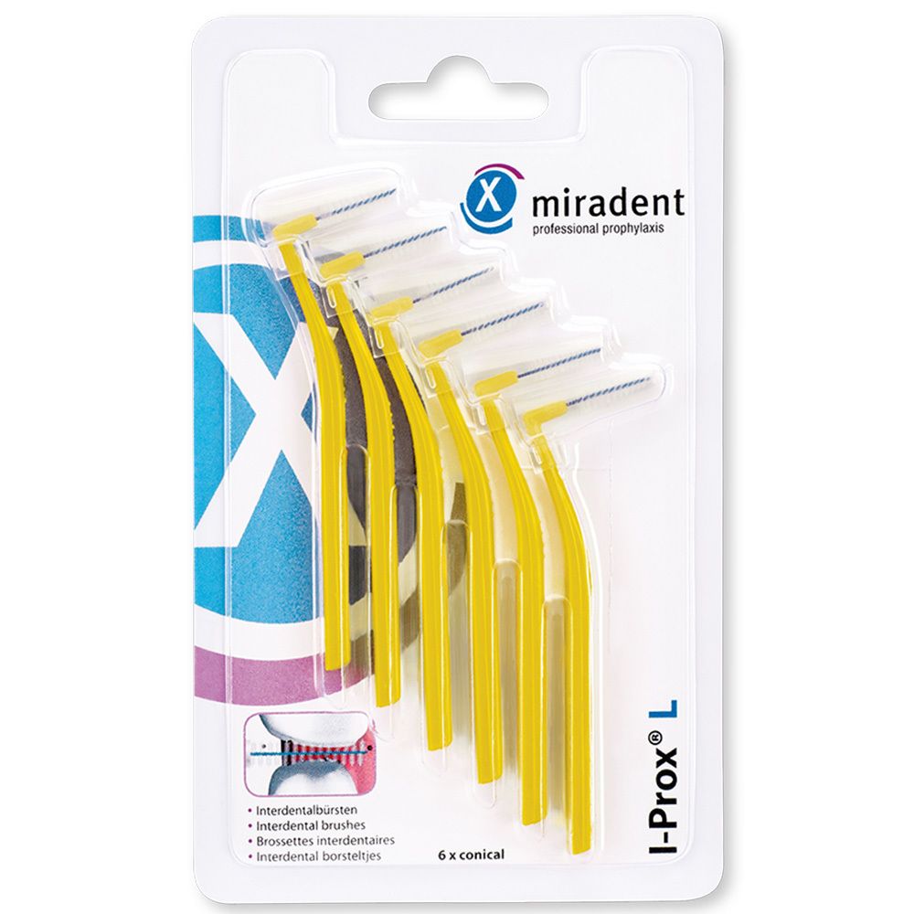 Verpakking met gele interdentale borstels. Opschrift: I-Prox L, miradent, 6x conical.