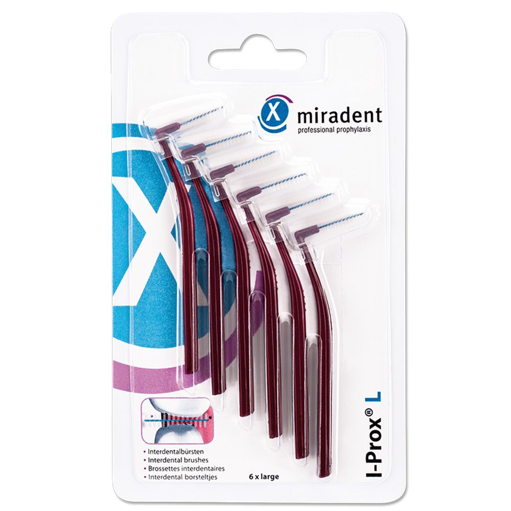 Verpakking met zes I-Prox® L interdentale borstels, bordeaux. Kunststof handvat, borstelkop. Merk: Miradent.