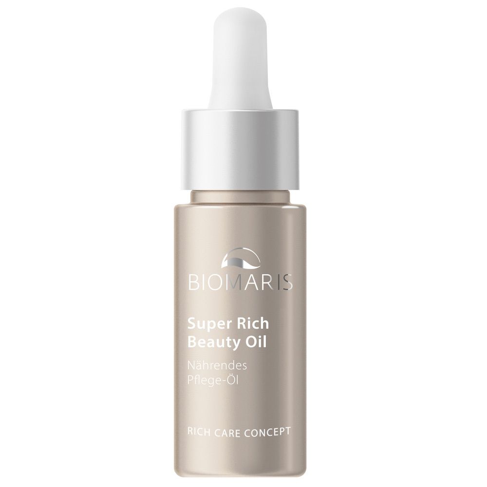 Bruine fles met witte dop. Opschrift: BIOMARIS, Super Rich Beauty Oil, Nährendes Pflege-Öl.