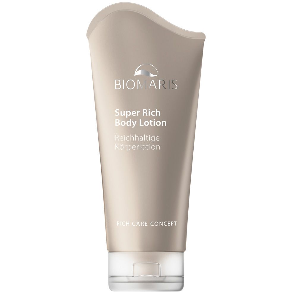 Beige tube met zilveren dop. Opschrift: BIOMARIS, Super Rich Body Lotion. Rijke bodylotion.