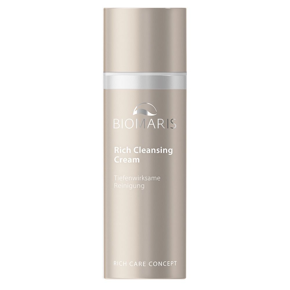 Biomaris Rich Cleansing Cream dispenser in champagnekleur met zilveren band en logo. Tekst: "Diepwerkende reiniging".