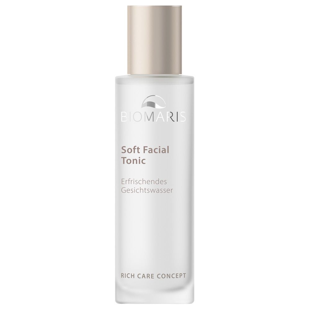 Biomaris Soft Facial Tonic : Lotion tonique rafraîchissante dans un flacon en verre transparent avec un bouchon doré.