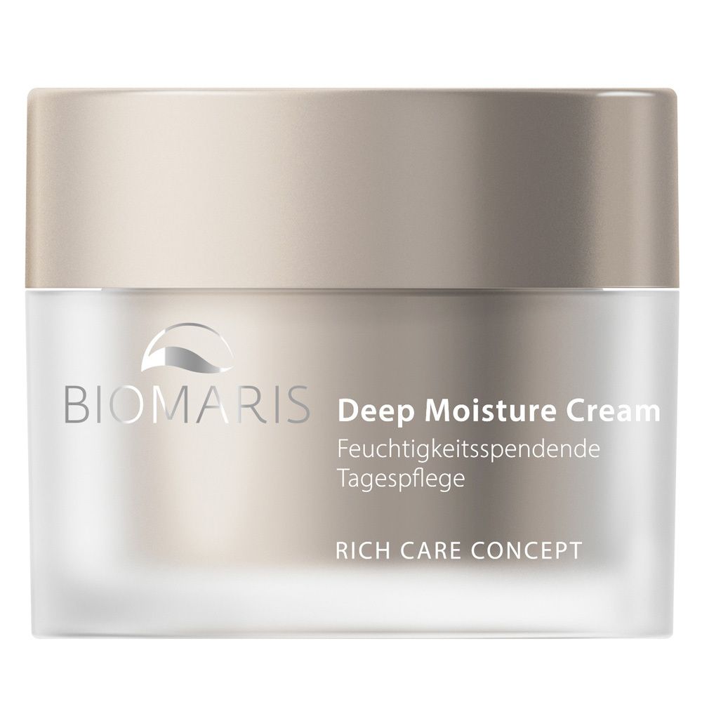 Crèmepot met deksel. Opschrift: BIOMARIS Deep Moisture Cream. Vochtinbrengende dagverzorging. RICH CARE CONCEPT.