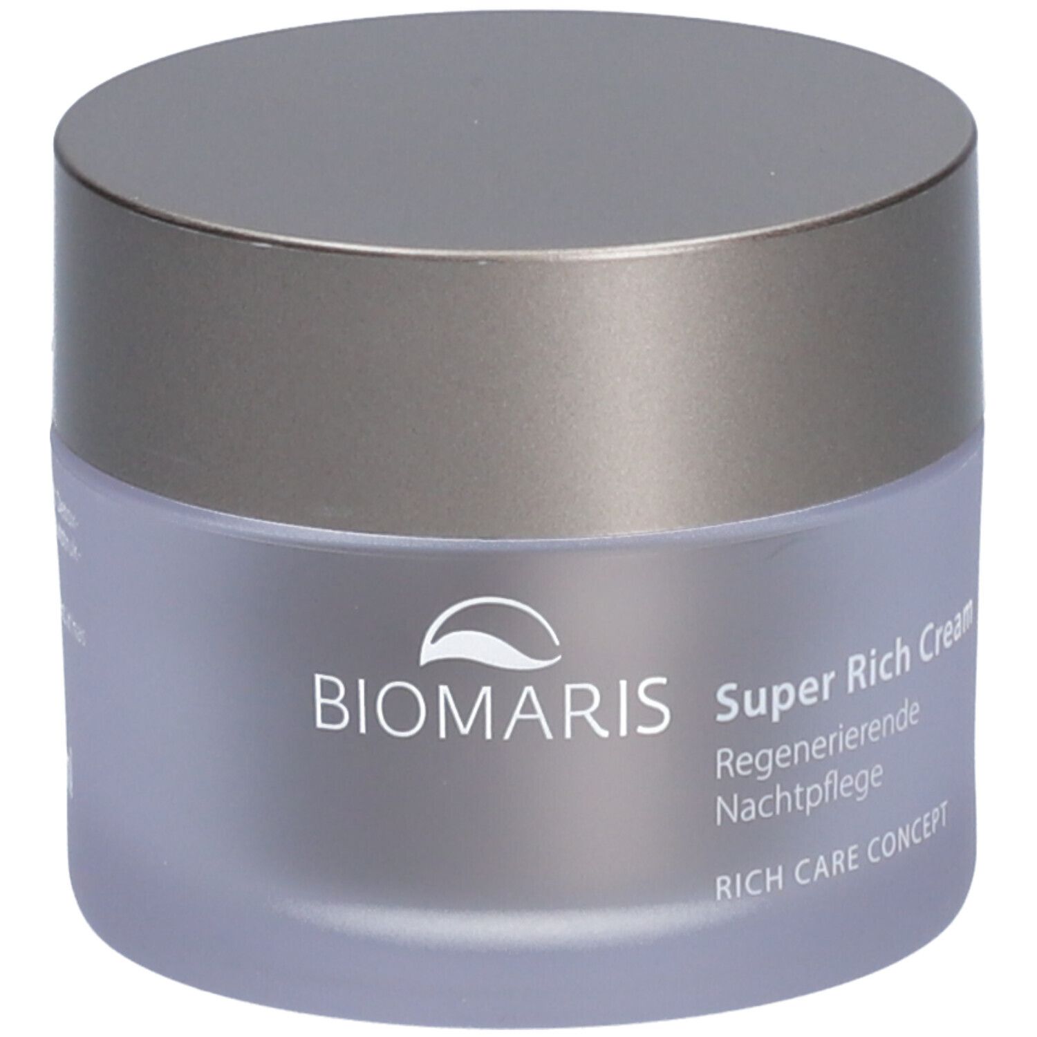 Pot de crème avec couvercle argenté. Inscription : BIOMARIS Super Rich Cream, Soin de nuit régénérant, RICH CARE CONCEPT.