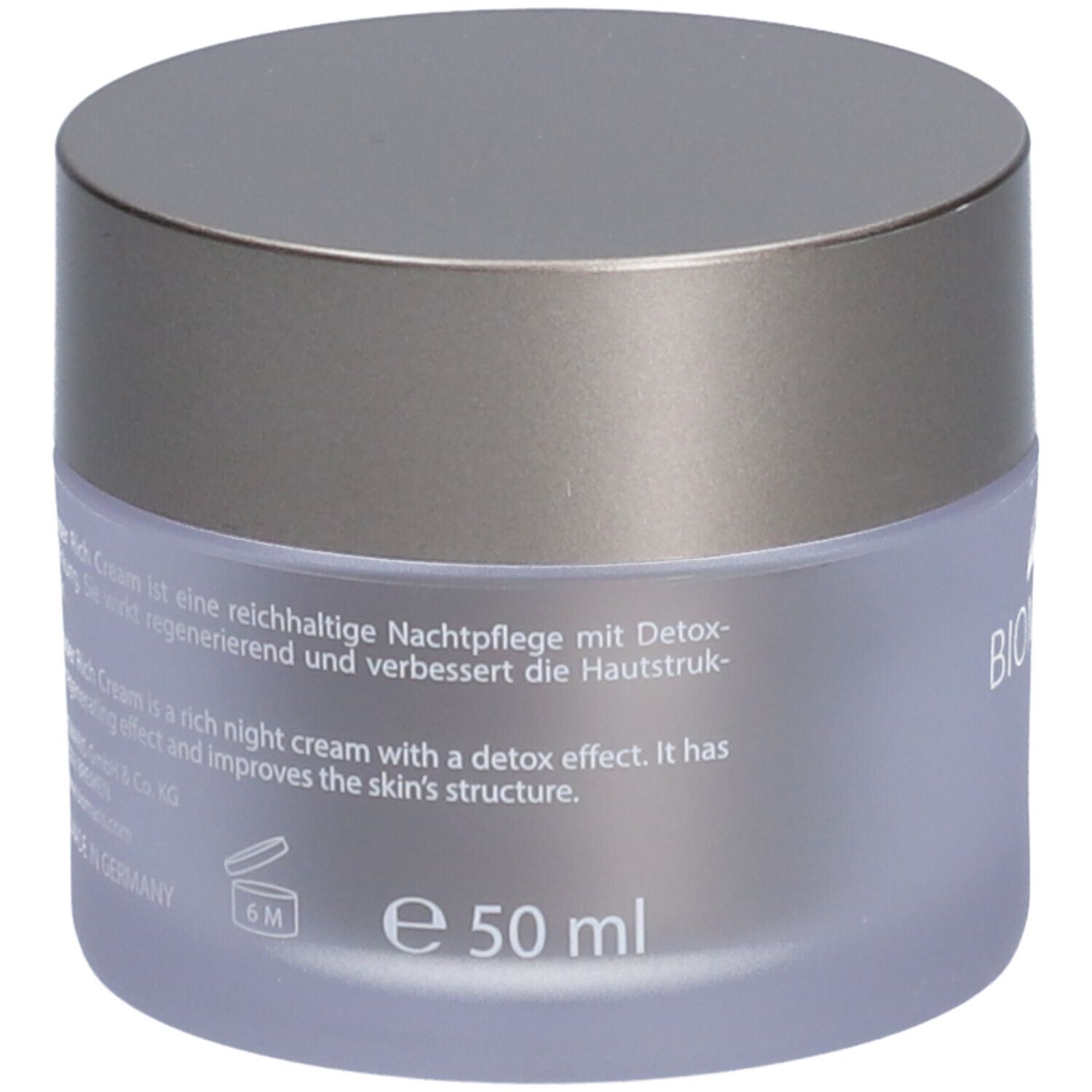 Pot de crème avec couvercle argenté. Inscription : BIOMARIS Super Rich Cream. Texte au dos. 50 ml.