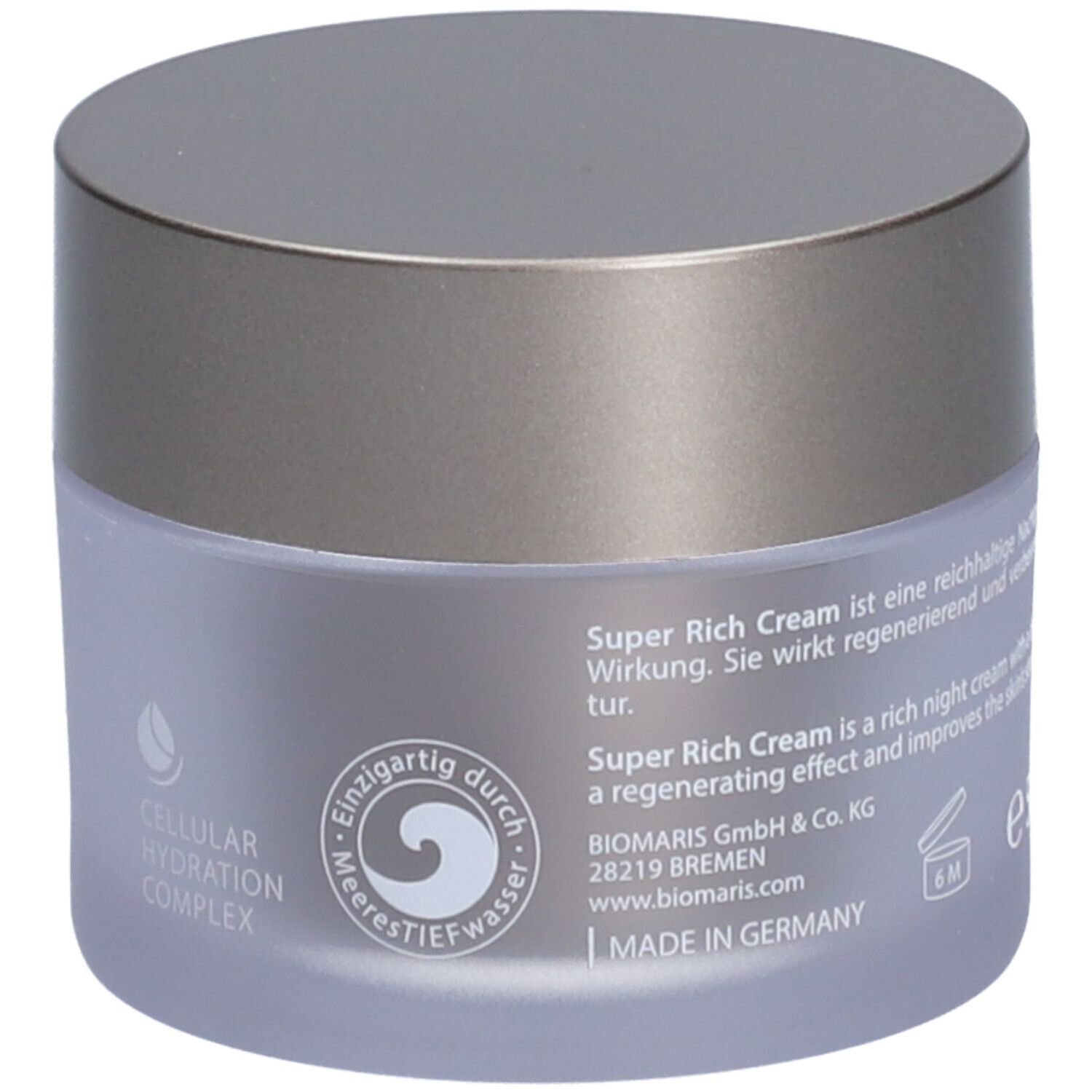Pot de crème avec couvercle argenté. Inscription : BIOMARIS Super Rich Cream. Texte au dos. Fabriqué en Allemagne.