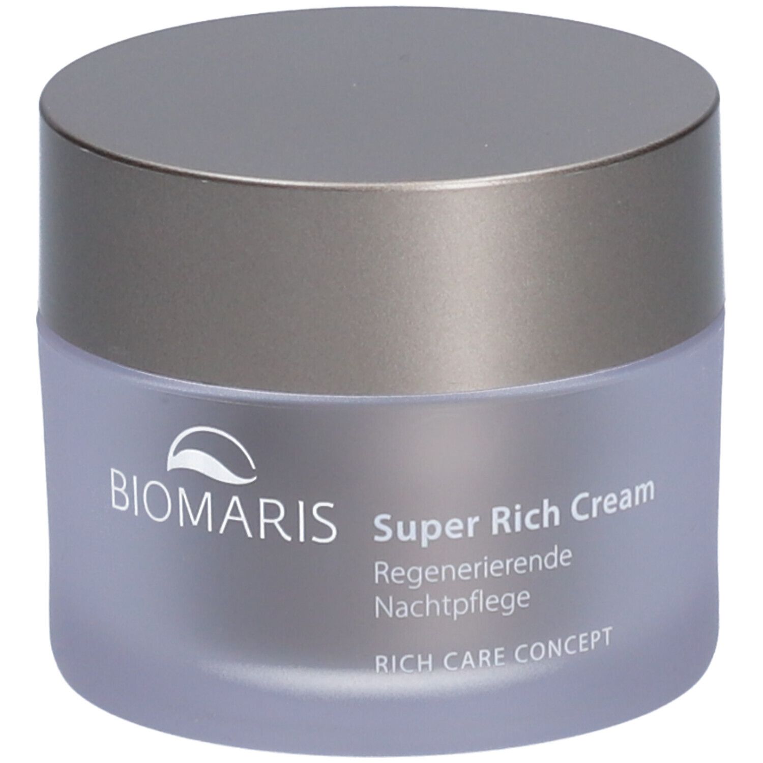 Pot de crème avec couvercle argenté. Inscription : BIOMARIS Super Rich Cream, Soin de nuit régénérant, RICH CARE CONCEPT.