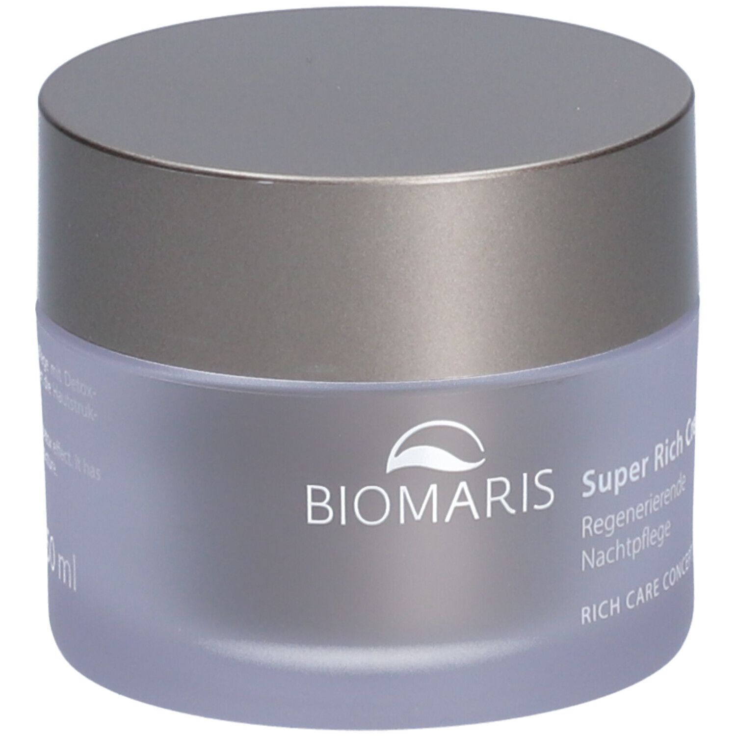 Pot de crème avec couvercle argenté. Inscription : BIOMARIS Super Rich Cream, Soin de nuit régénérant, RICH CARE CONCEPT.