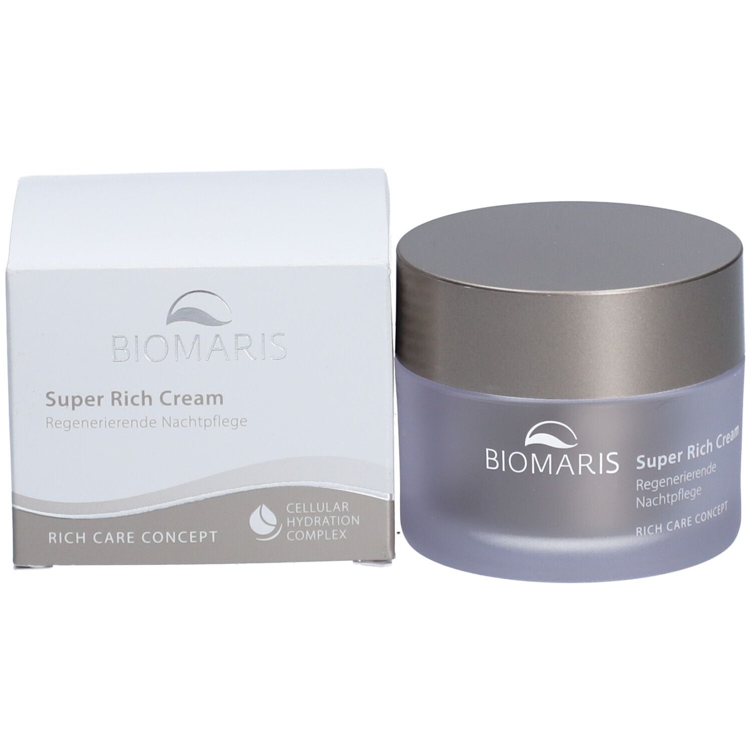 Pot de crème et carton. Inscription : BIOMARIS Super Rich Cream, Soin de nuit régénérant, RICH CARE CONCEPT.