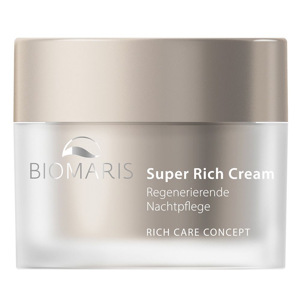 Pot de crème avec couvercle. Inscription: BIOMARIS Super Rich Cream Regenerierende Nachtpflege. RICH CARE CONCEPT.