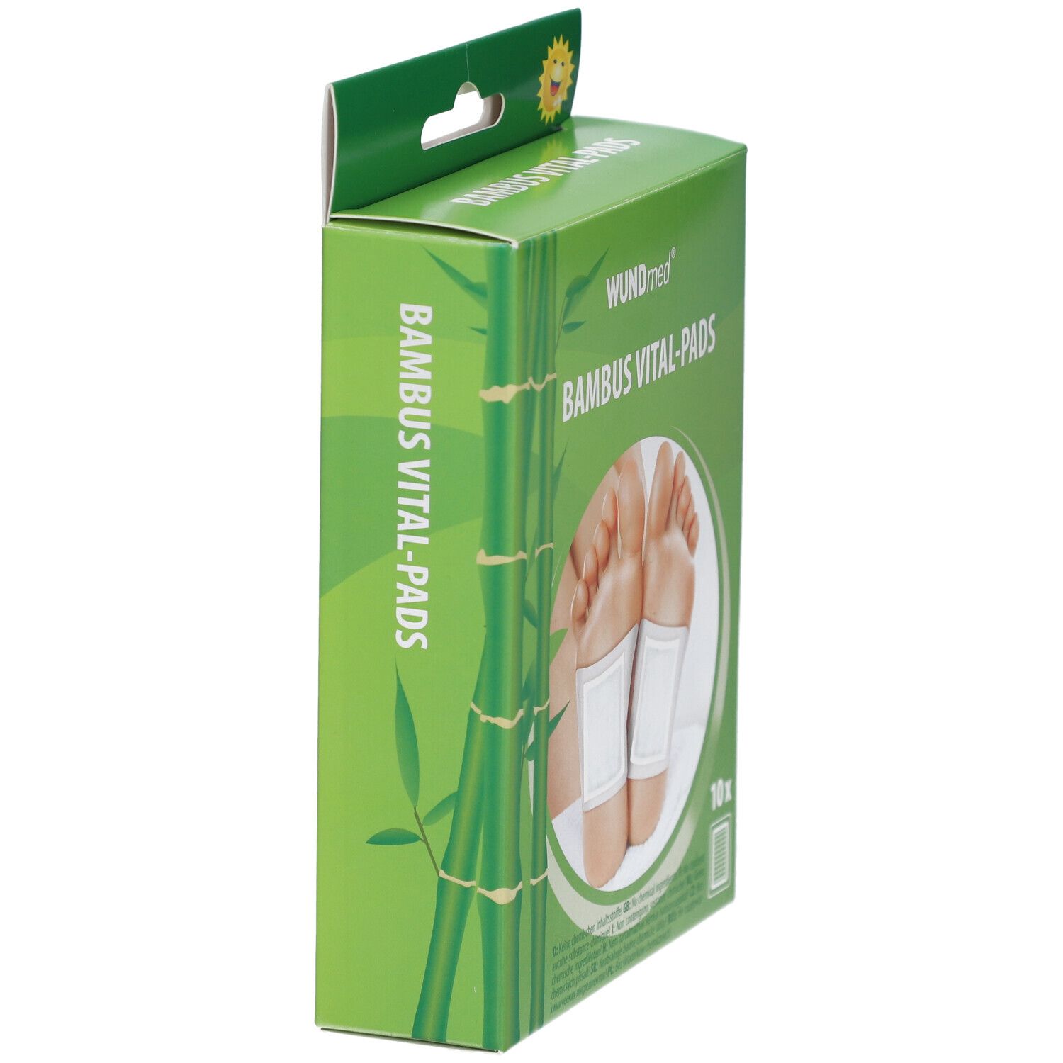 Vue latérale de l'emballage vert WUNDmed Bambus Vital-Pads. Motif bambou.