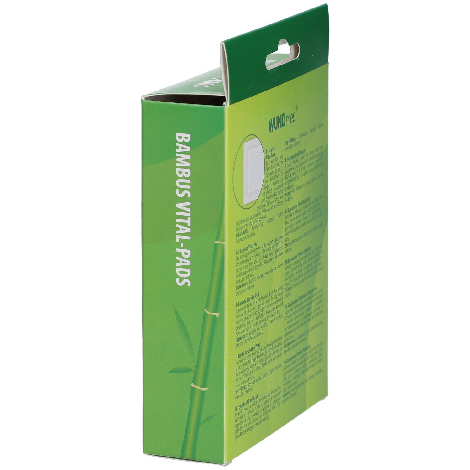 Vue latérale de l'emballage vert WUNDmed Bambus Vital-Pads. Texte et motif bambou.