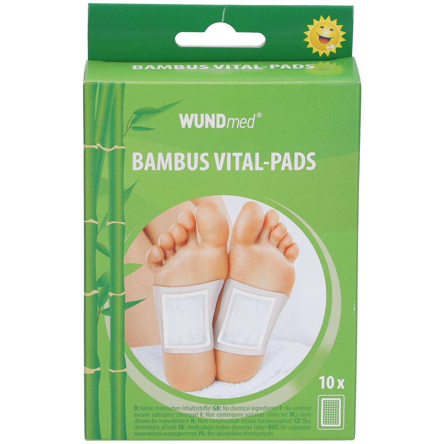 Emballage vert WUNDmed Bambus Vital-Pads. Pieds avec pads. 10 pièces. Motif bambou.
