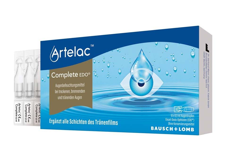 Artelac Complete EDO verpakking met oogdruppels en individuele doses. Bausch + Lomb.